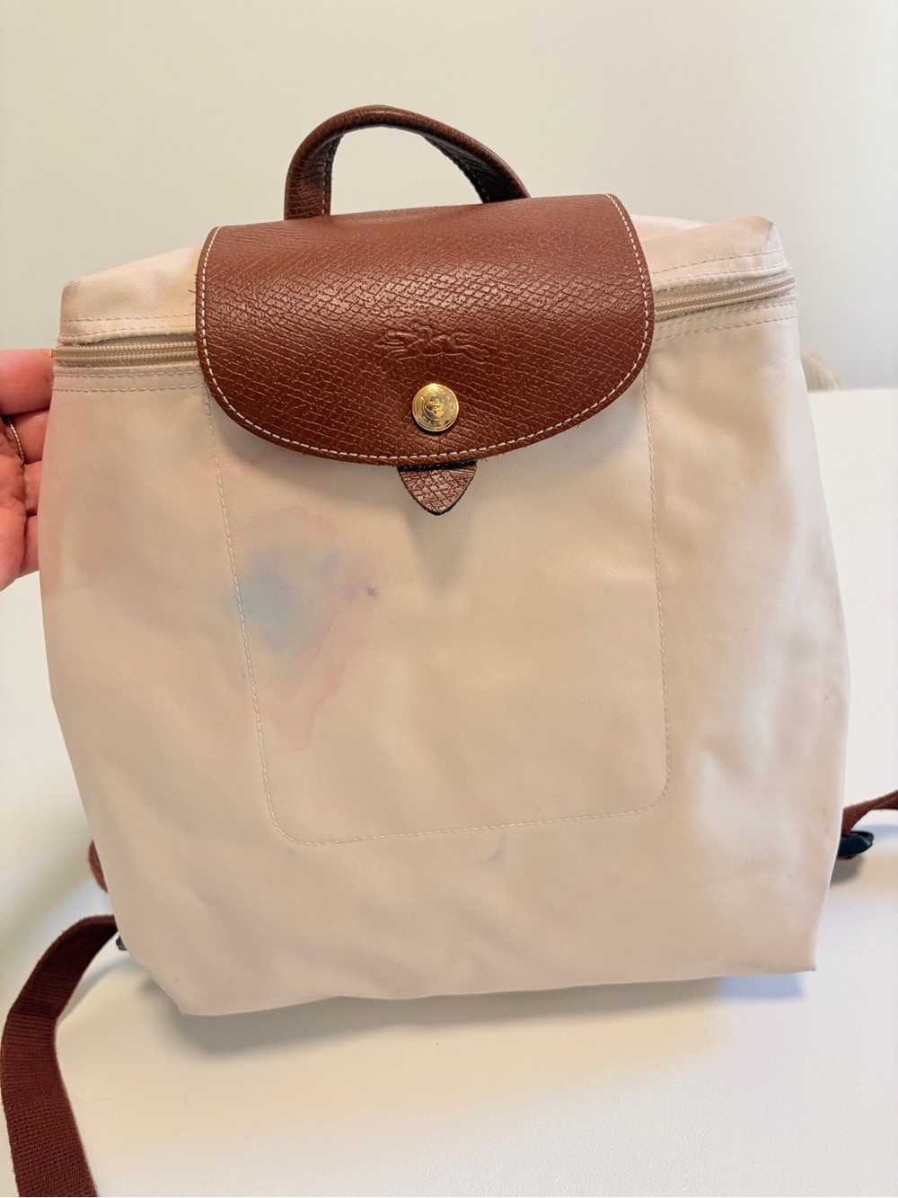 Longchamp Le Pliage Beige Nylon Brown Leather Backpac